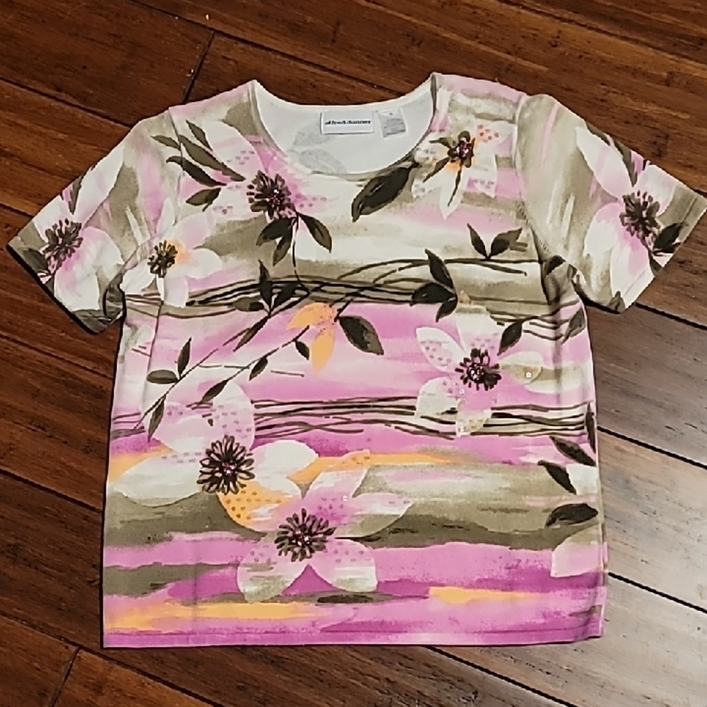 Alfred Dunner pink and brown embellished short sleeve sweater